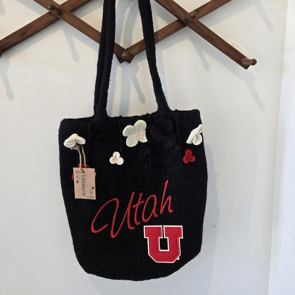 University Of Utah Black and Red Tote Bag with Floral Accents. 100% Wool